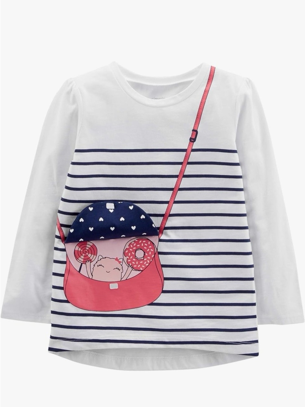 Girls 100% Cotton White Navy Striped Long-Sleeve Top with Pink Purse 3D Graphic